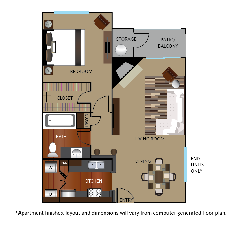 Floor plan for 1 bed, 1 bath, 748 sqft