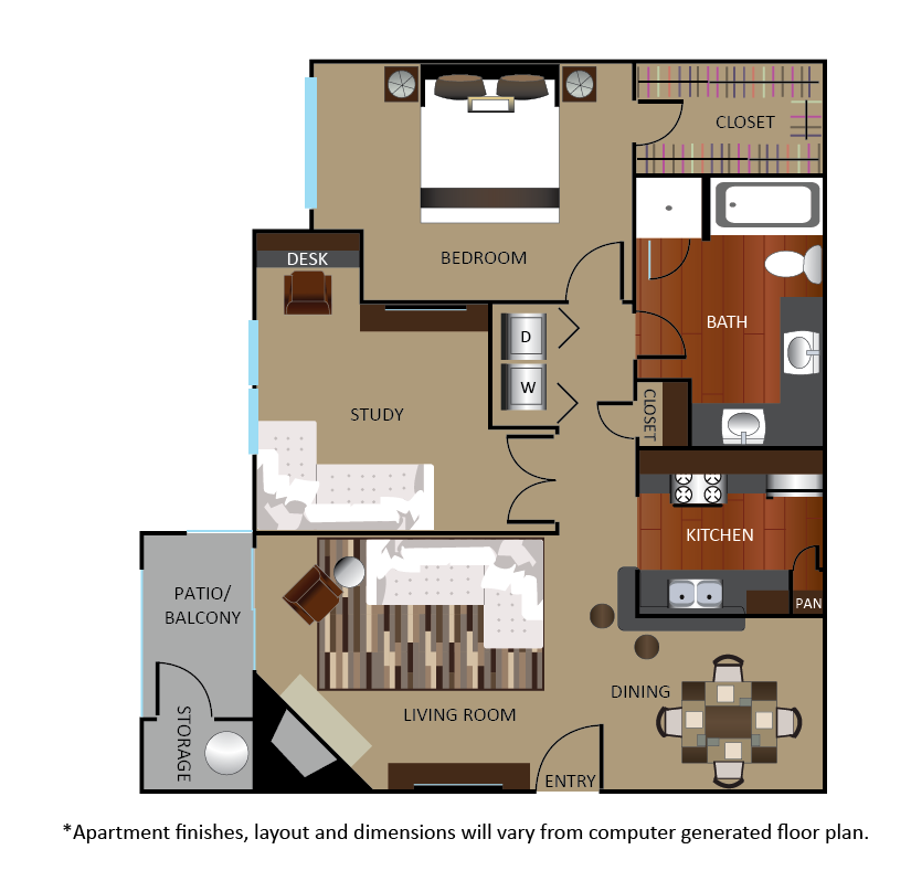 Floor plan for 1 bed, 1 bath, 894 sqft