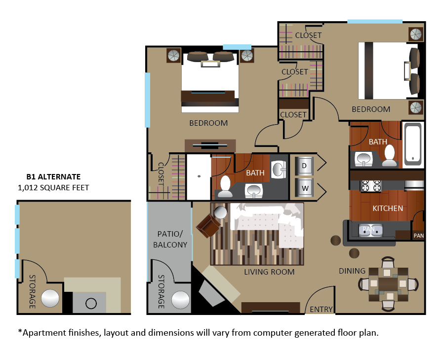 Floor plan for 2 beds, 2 baths, 894 sqft