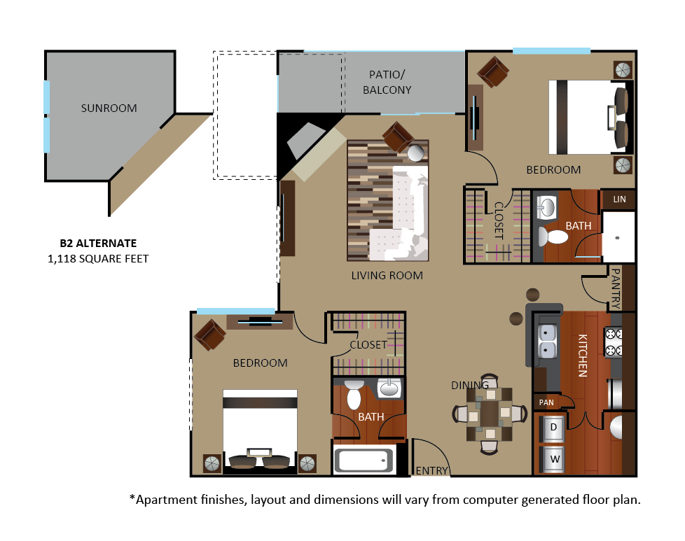 Floor plan for 2 beds, 2 baths, 1038 sqft