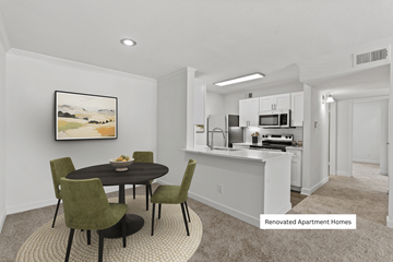 Houston apartment for rent - A renovated apartment features a dining area with a table and chairs.