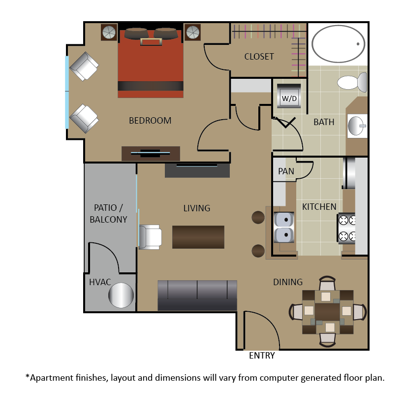 Floor plan for 1 bed, 1 bath, 591 sqft