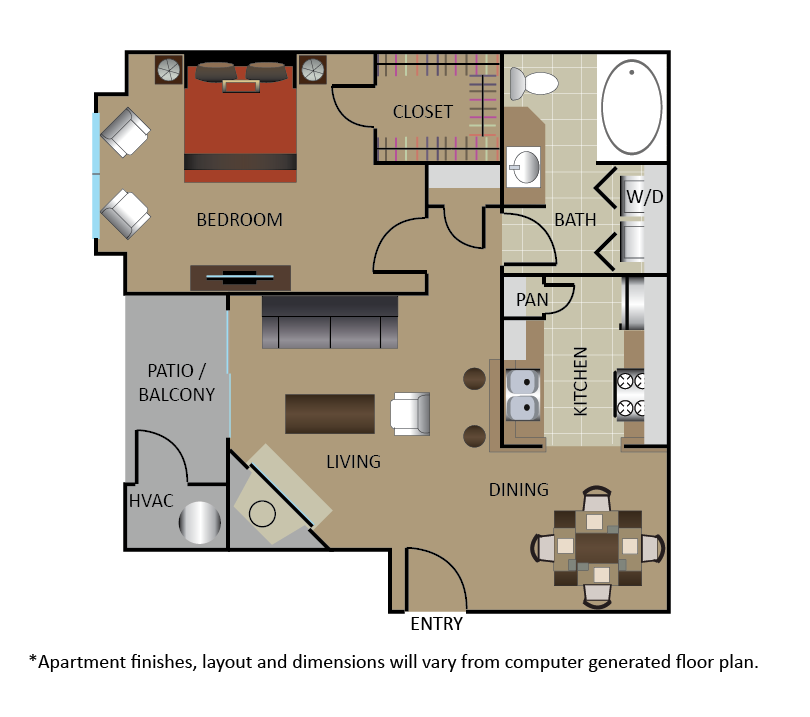 Floor plan for 1 bed, 1 bath, 652 sqft