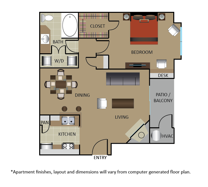 Floor plan for 1 bed, 1 bath, 753 sqft