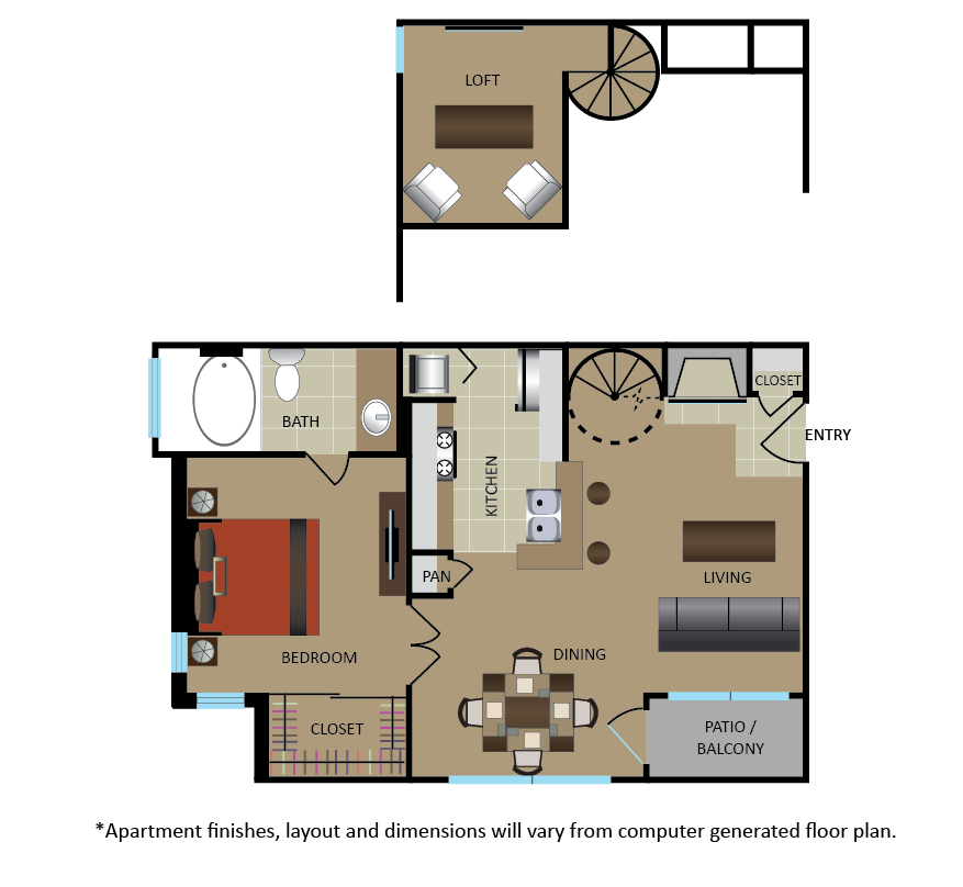 Floor plan for 1 bed, 1 bath, 678 sqft