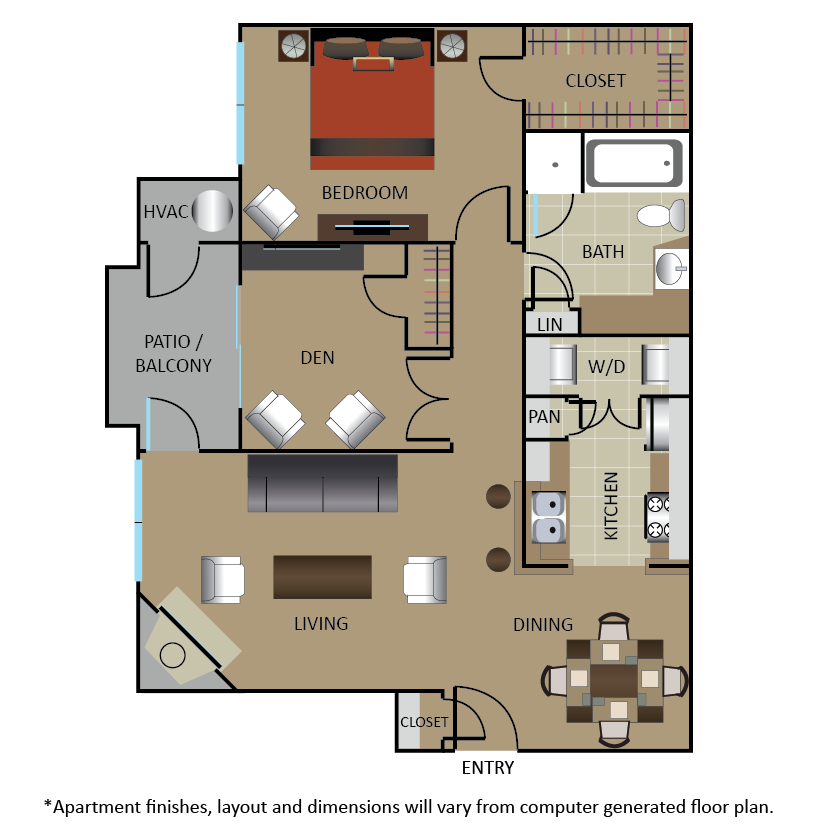 Floor plan for 1 bed, 1 bath, 864 sqft
