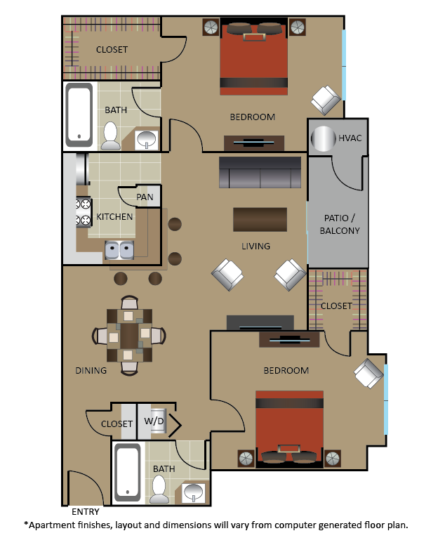 Floor plan for 2 beds, 2 baths, 950 sqft