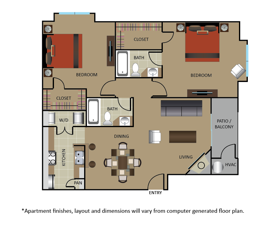 Floor plan for 2 beds, 2 baths, 1097 sqft