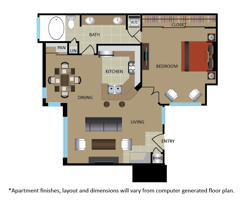 Floor plan for 1 bed, 1 bath, 795 sqft