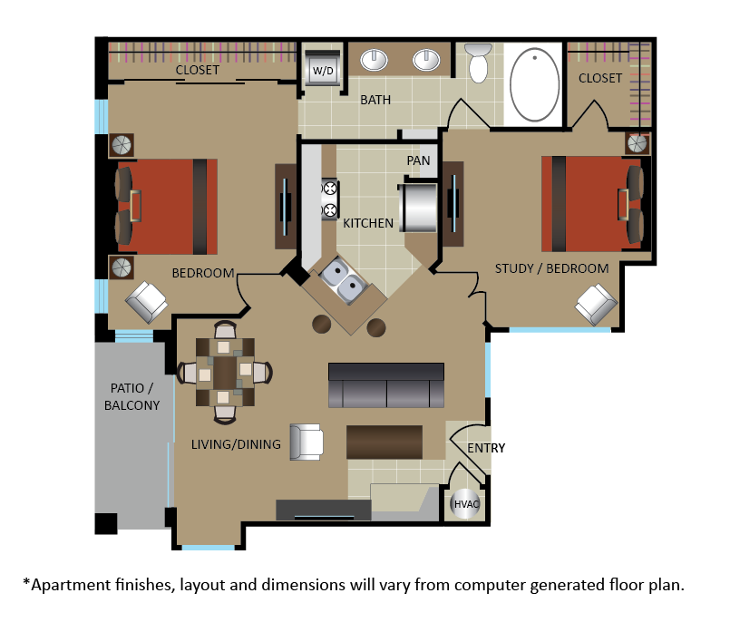 Floor plan for 1 bed, 1 bath, 801 sqft