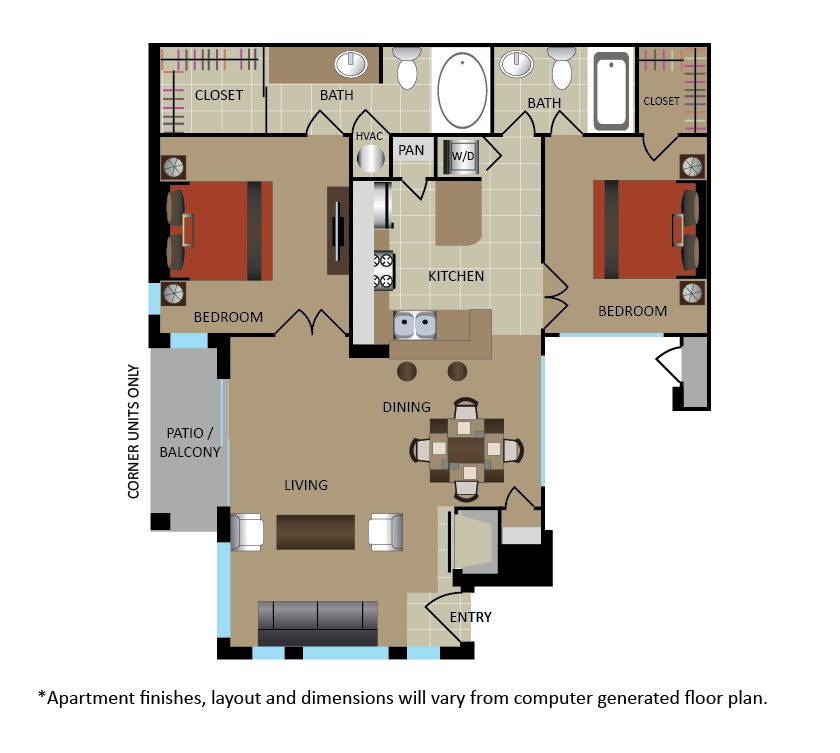 Floor plan for 2 beds, 2 baths, 894 sqft
