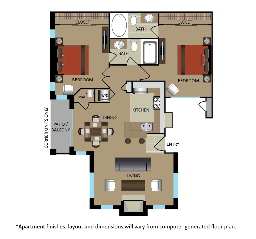 Floor plan for 2 beds, 2 baths, 1007 sqft