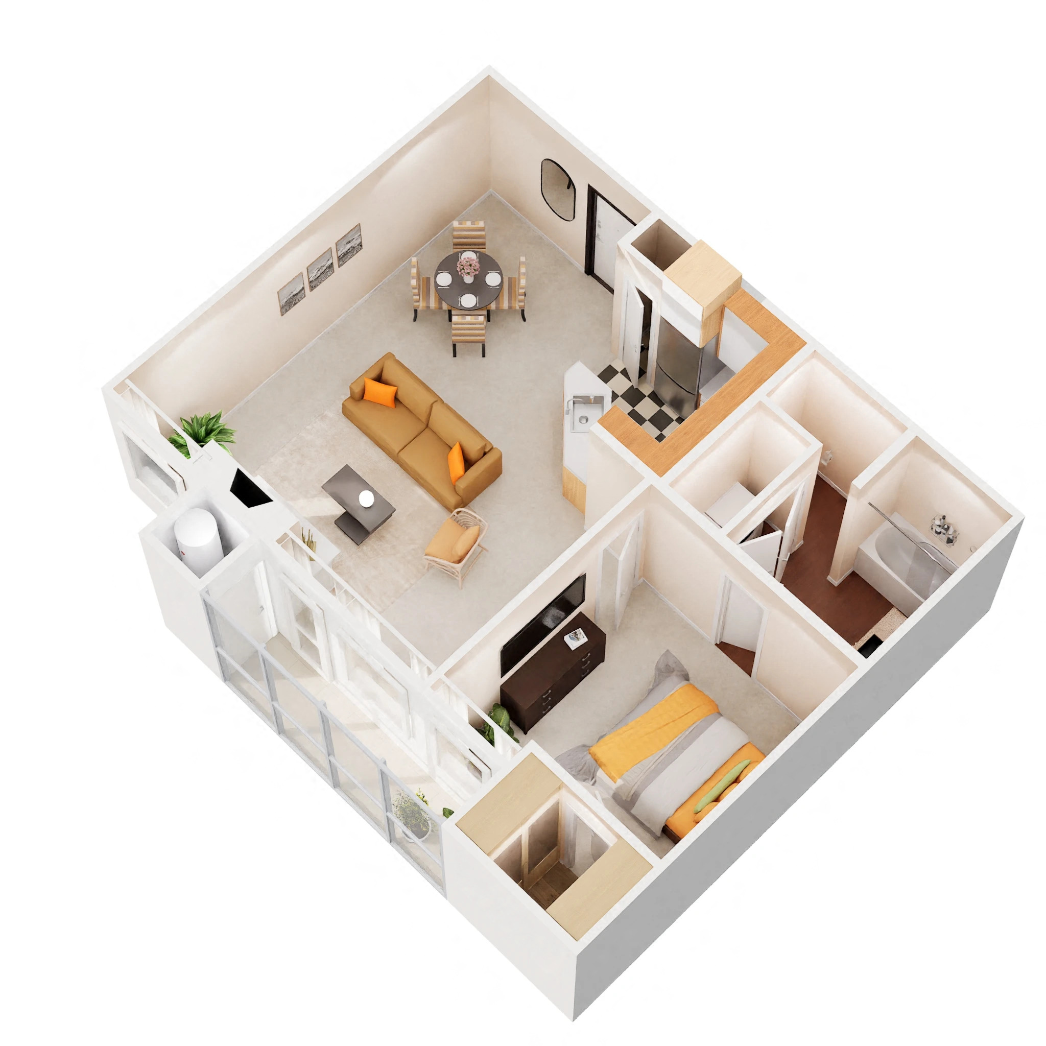 Floor plan for 1 bed, 1 bath, 708 sqft