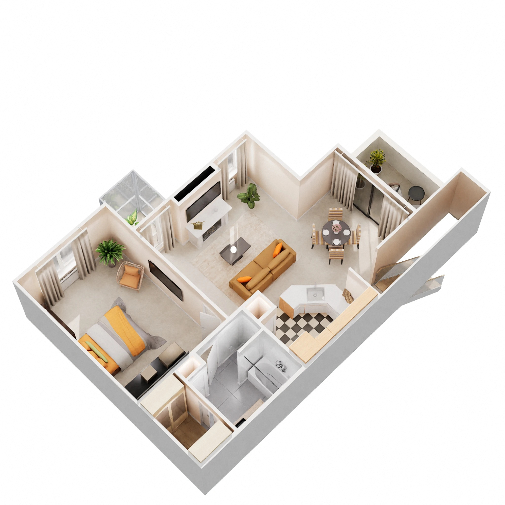 Floor plan for 1 bed, 1 bath, 884 sqft