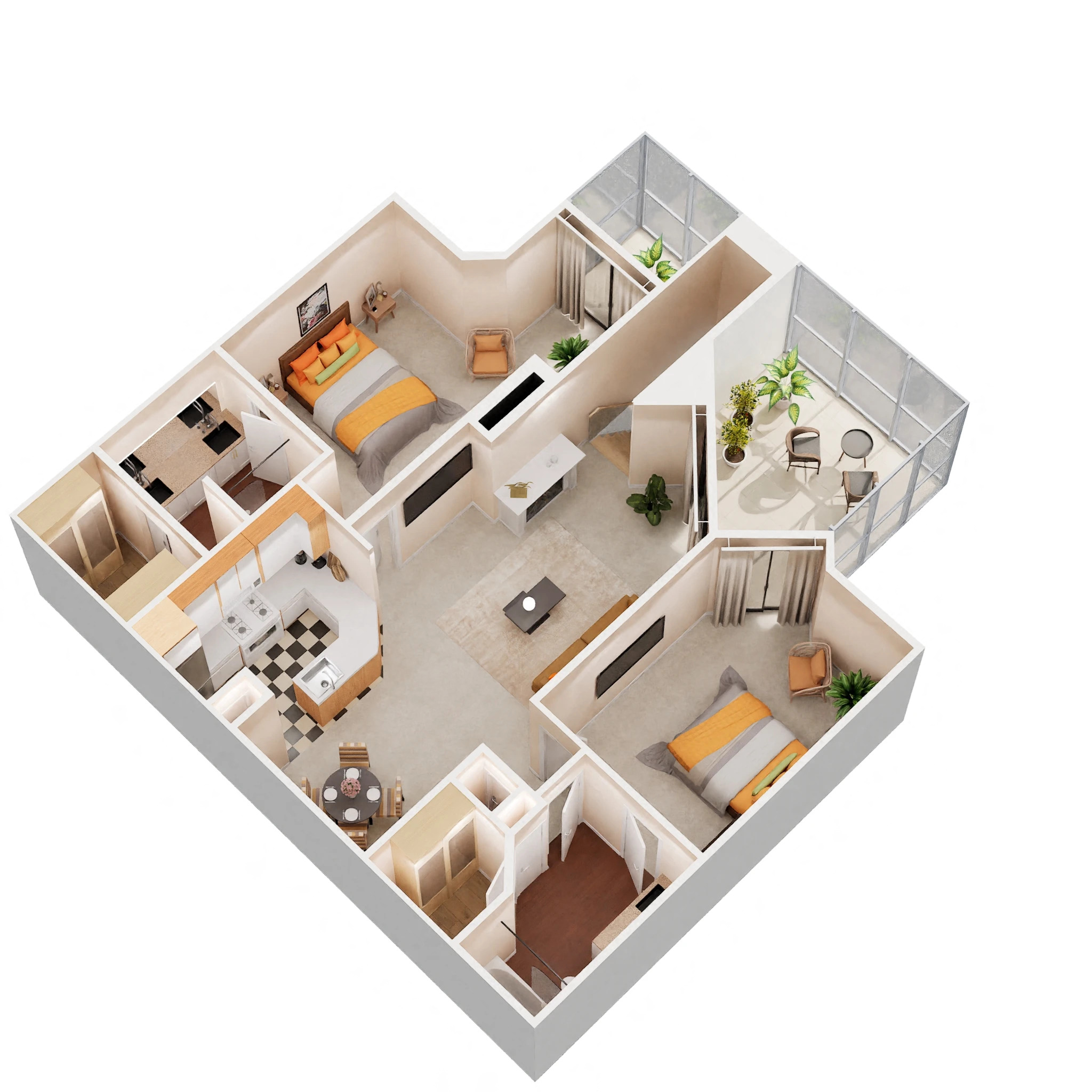 Floor plan for 2 beds, 2 baths, 1335 sqft