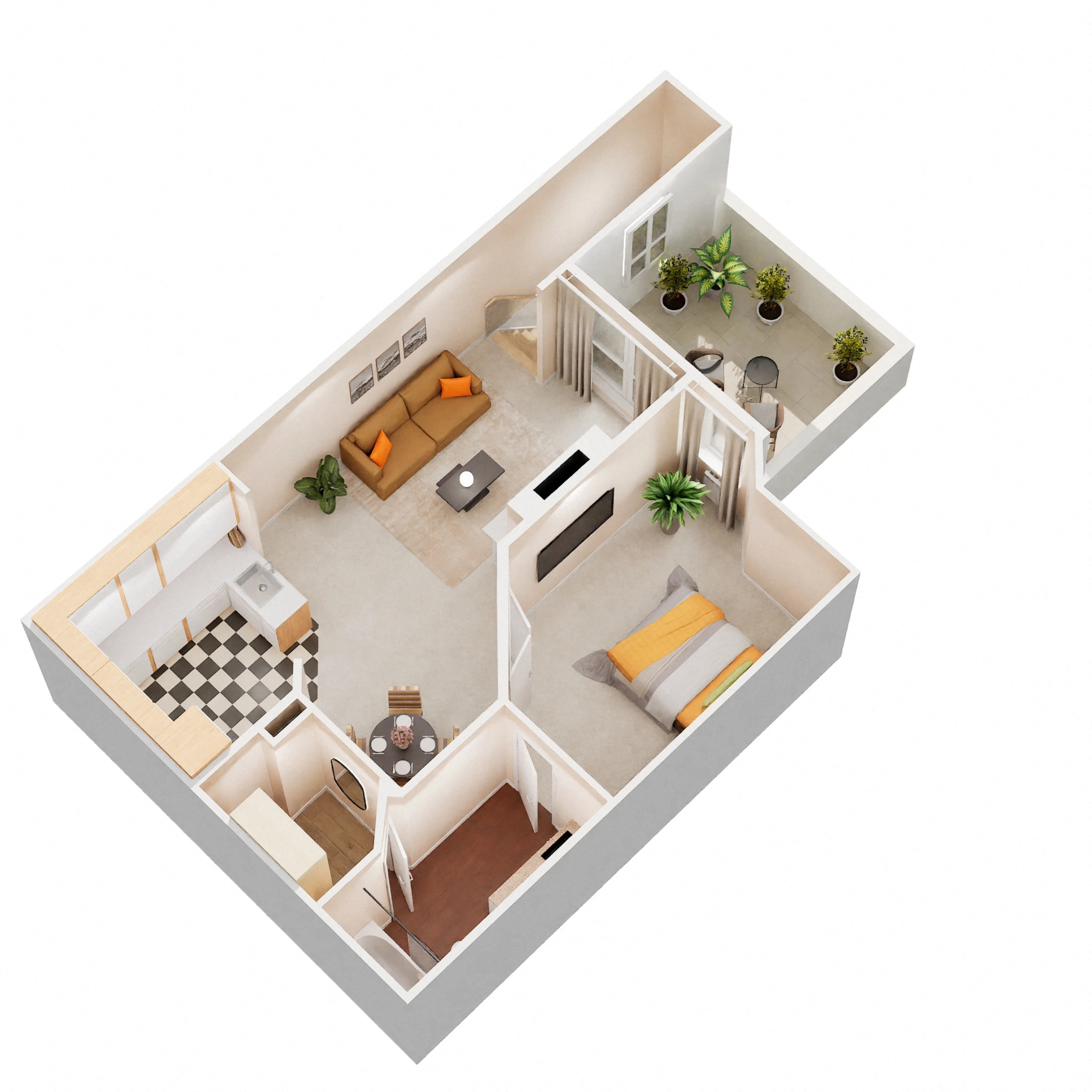 Floor plan for 1 bed, 1 bath, 845 sqft