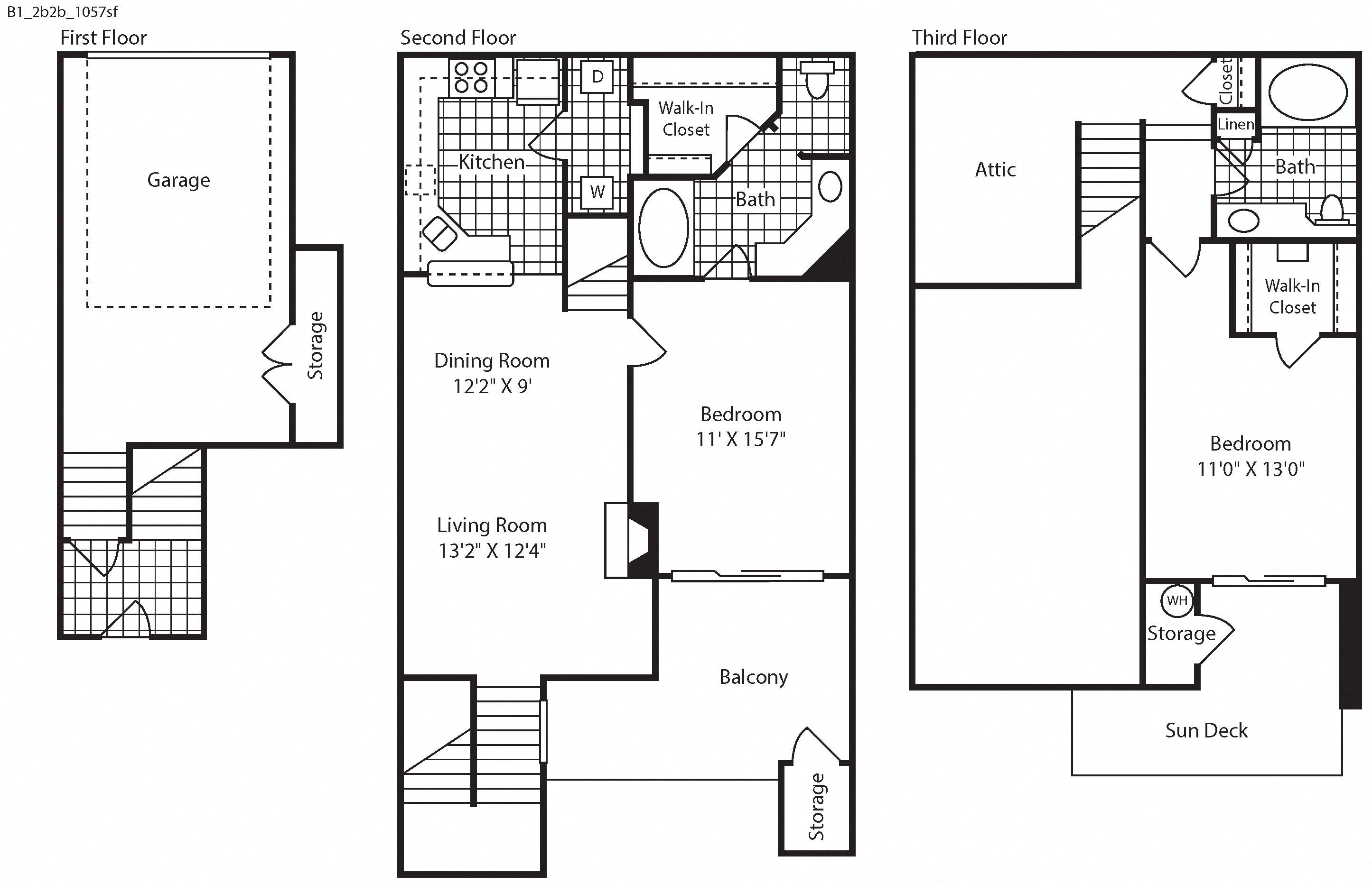 Floor plan for 2 beds, 2 baths, 1057 sqft