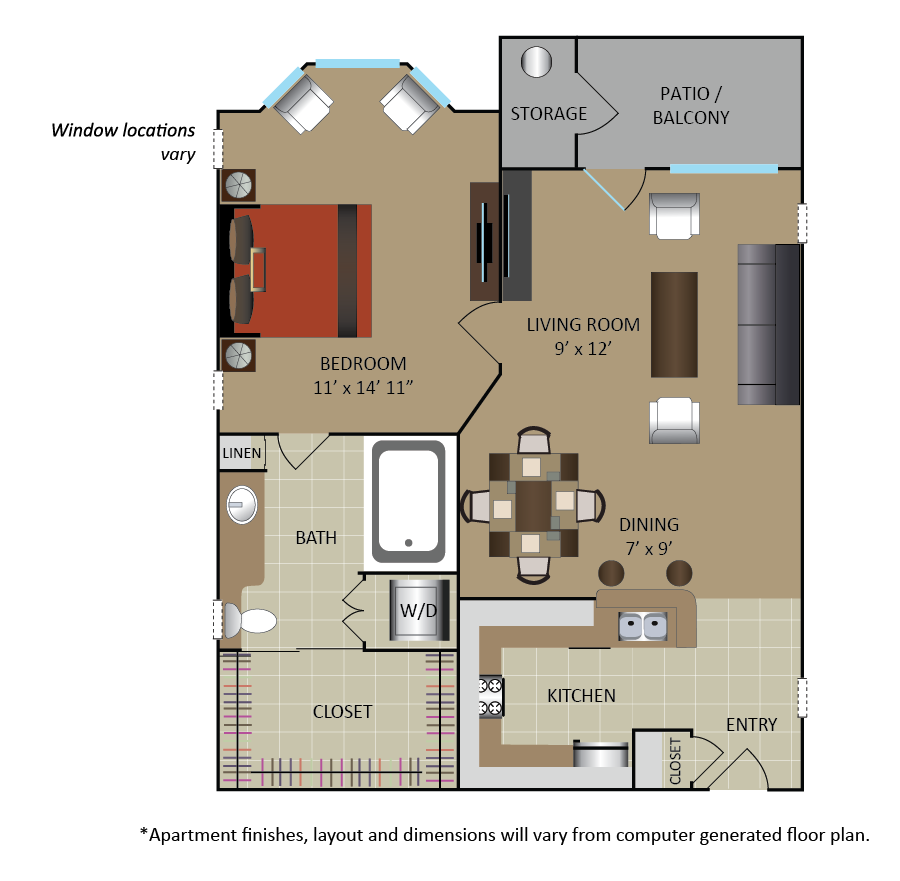 Floor plan for 1 bed, 1 bath, 678 sqft