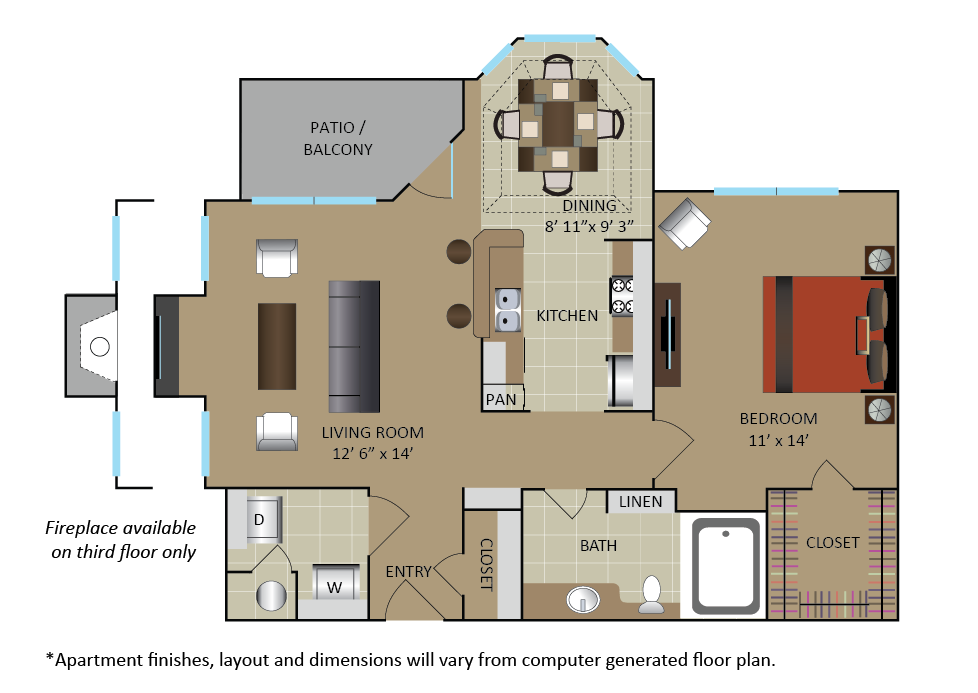Floor plan for 1 bed, 1 bath, 761 sqft