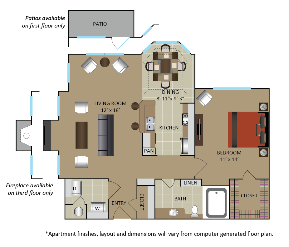 Floor plan for 1 bed, 1 bath, 812 sqft
