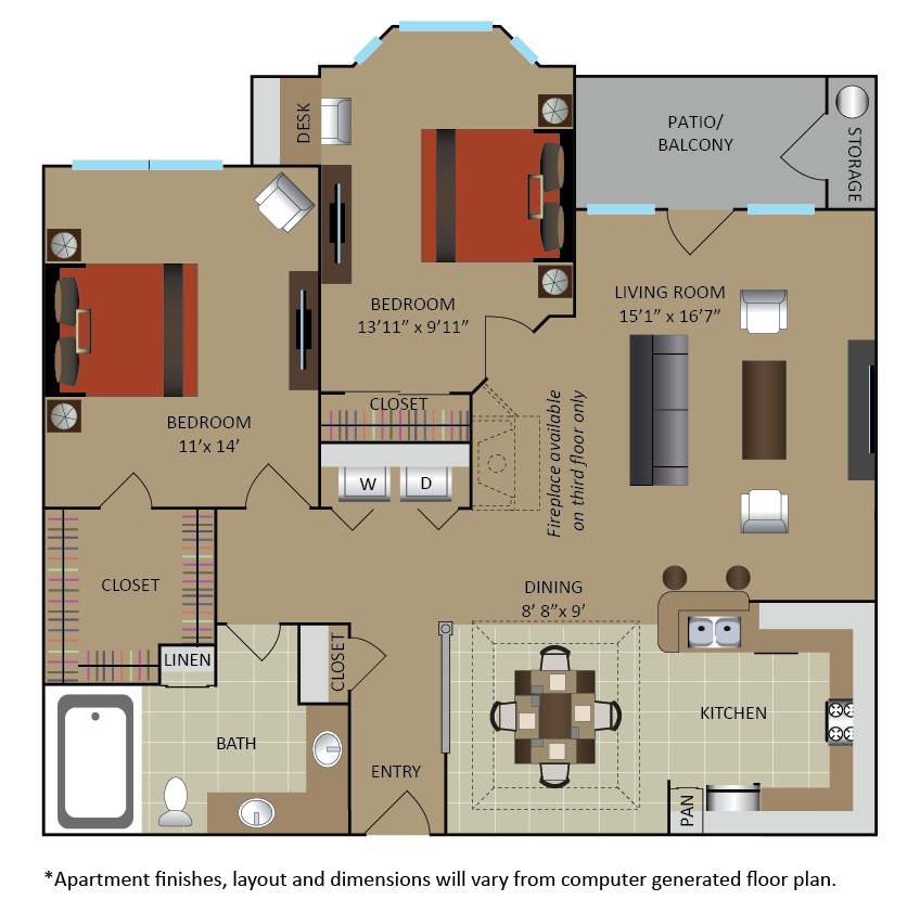 Floor plan for 2 beds, 1 bath, 1000 sqft