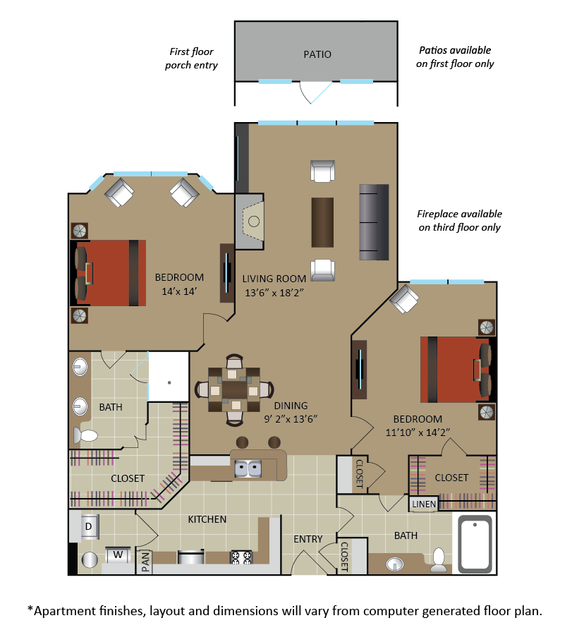 Floor plan for 2 beds, 2 baths, 1247 sqft