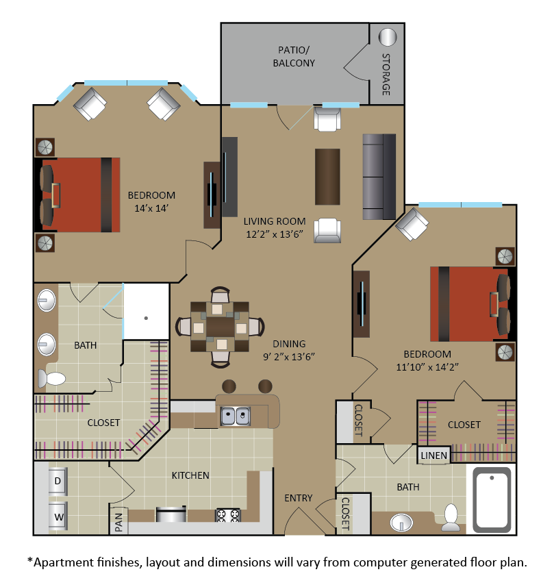 Floor plan for 2 beds, 2 baths, 1182 sqft