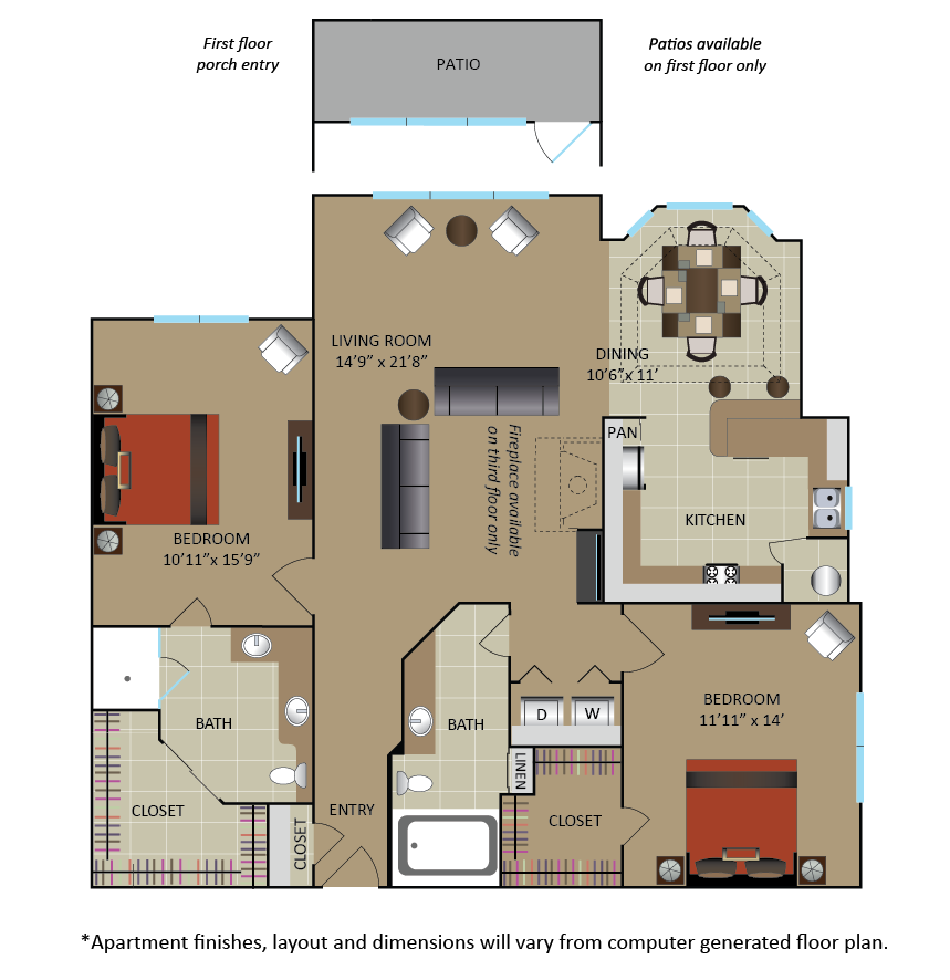Floor plan for 2 beds, 2 baths, 1331 sqft