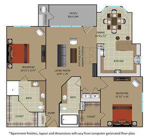 Floor plan for 2 beds, 2 baths, 1253 sqft