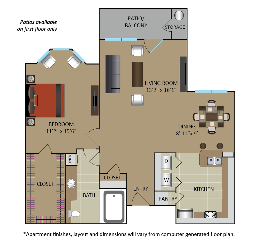 Floor plan for 1 bed, 1 bath, 829 sqft