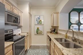 Dallas apartment for rent - a kitchen with granite counter tops and stainless steel appliances