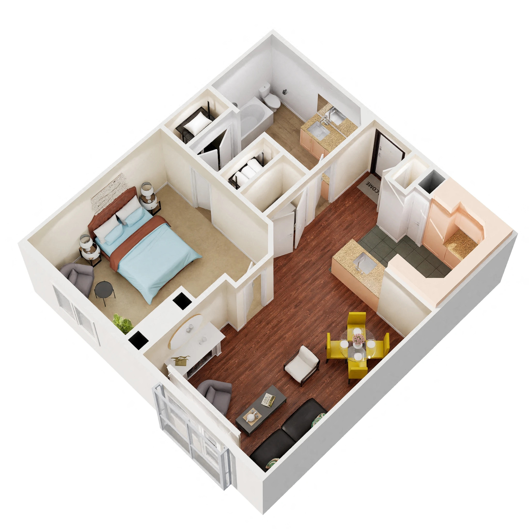 Floor plan for 1 bed, 1 bath, 850 sqft