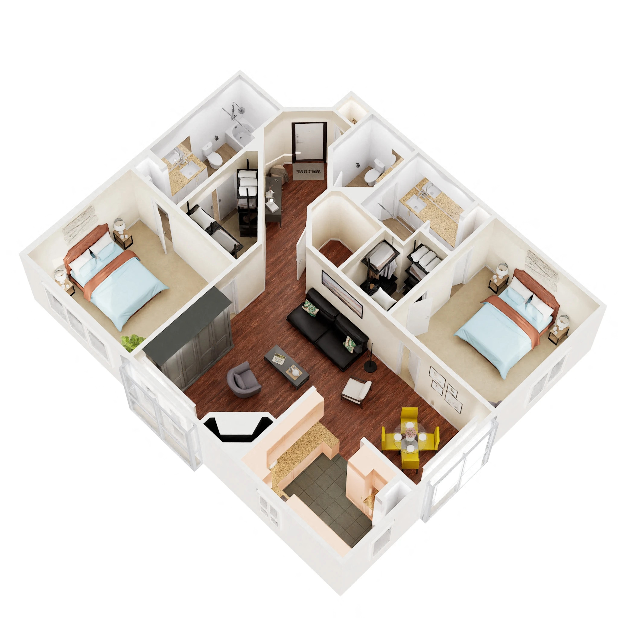 Floor plan for 2 beds, 2 baths, 1159 sqft