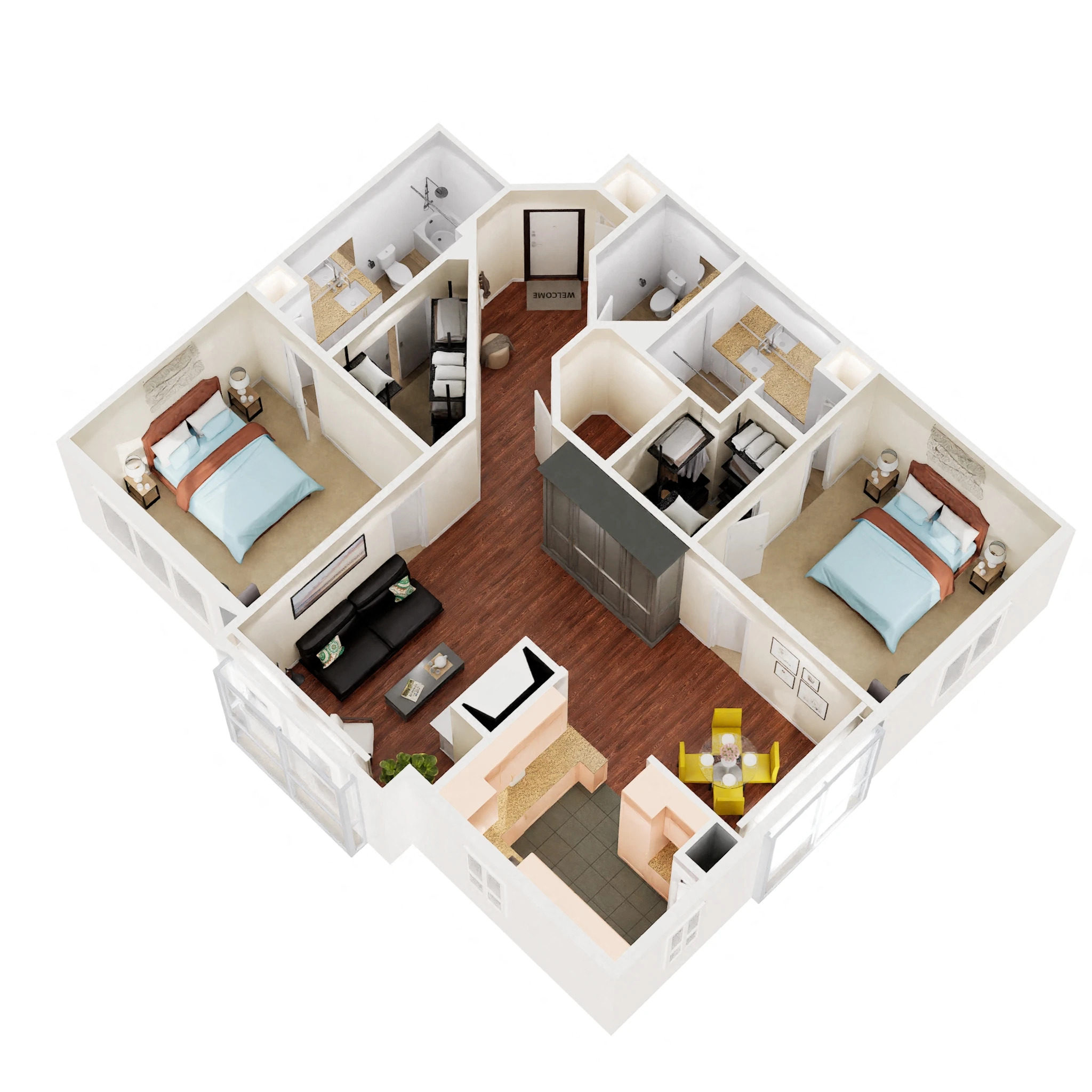 Floor plan for 2 beds, 2 baths, 1193 sqft