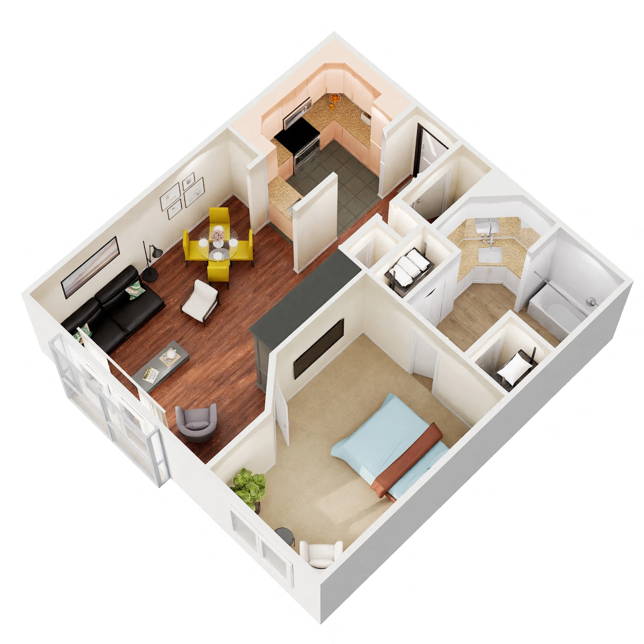 Floor plan for 1 bed, 1 bath, 685 sqft