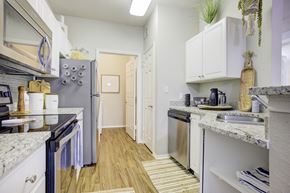 Austin apartment for rent - a kitchen with white cabinets and a stainless steel refrigerator