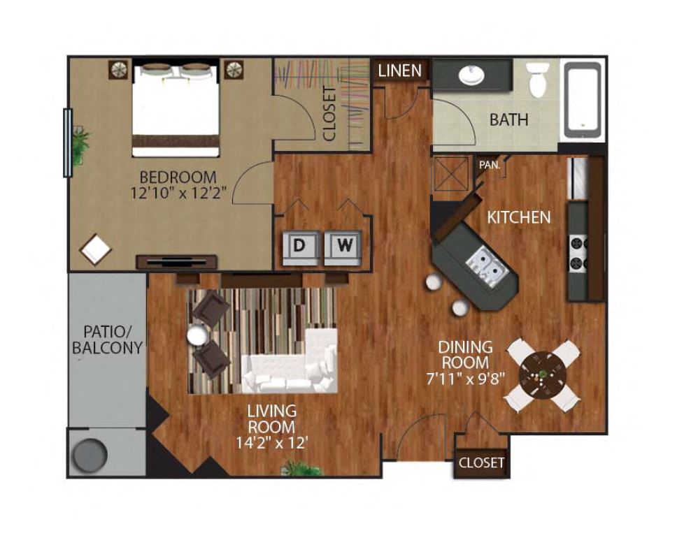 Floor plan for 1 bed, 1 bath, 777 sqft