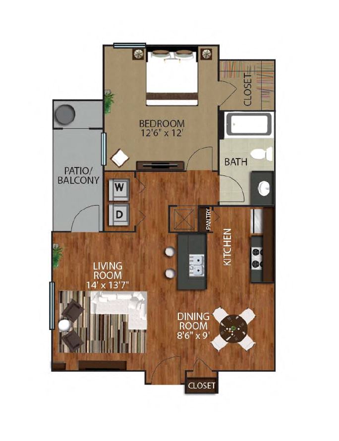 Floor plan for 1 bed, 1 bath, 691 sqft