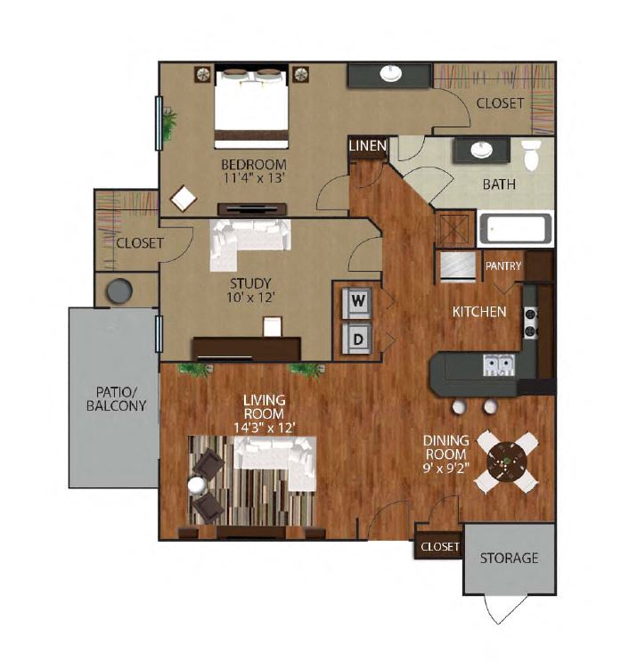 Floor plan for 2 beds, 1 bath, 1012 sqft