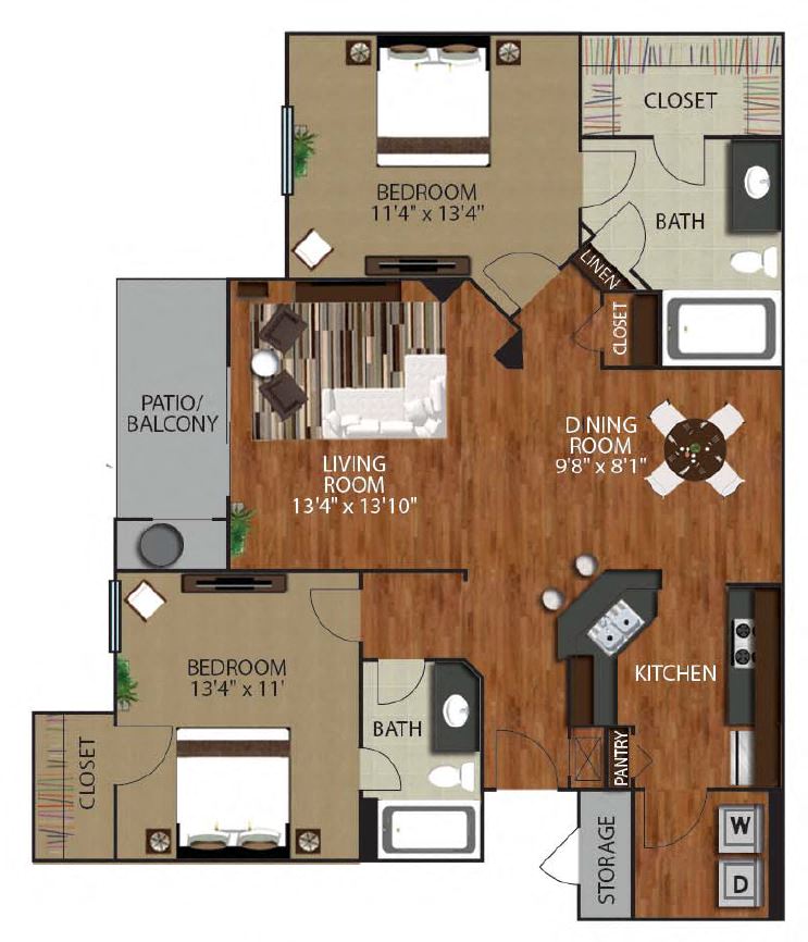 Floor plan for 2 beds, 2 baths, 1094 sqft