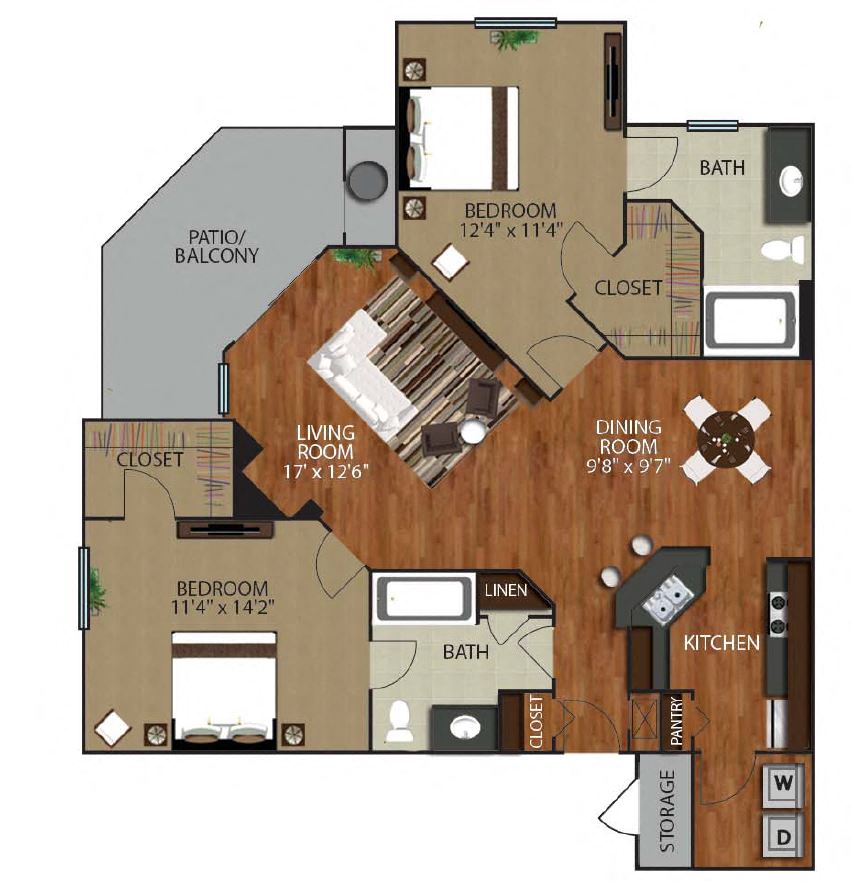 Floor plan for 2 beds, 2 baths, 1136 sqft