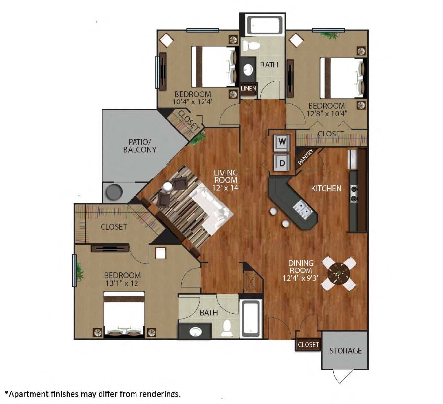 Floor plan for 3 beds, 2 baths, 1297 sqft