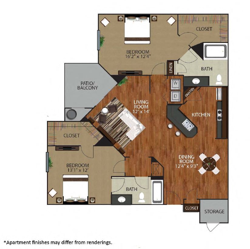 Floor plan for 2 beds, 2 baths, 1297 sqft
