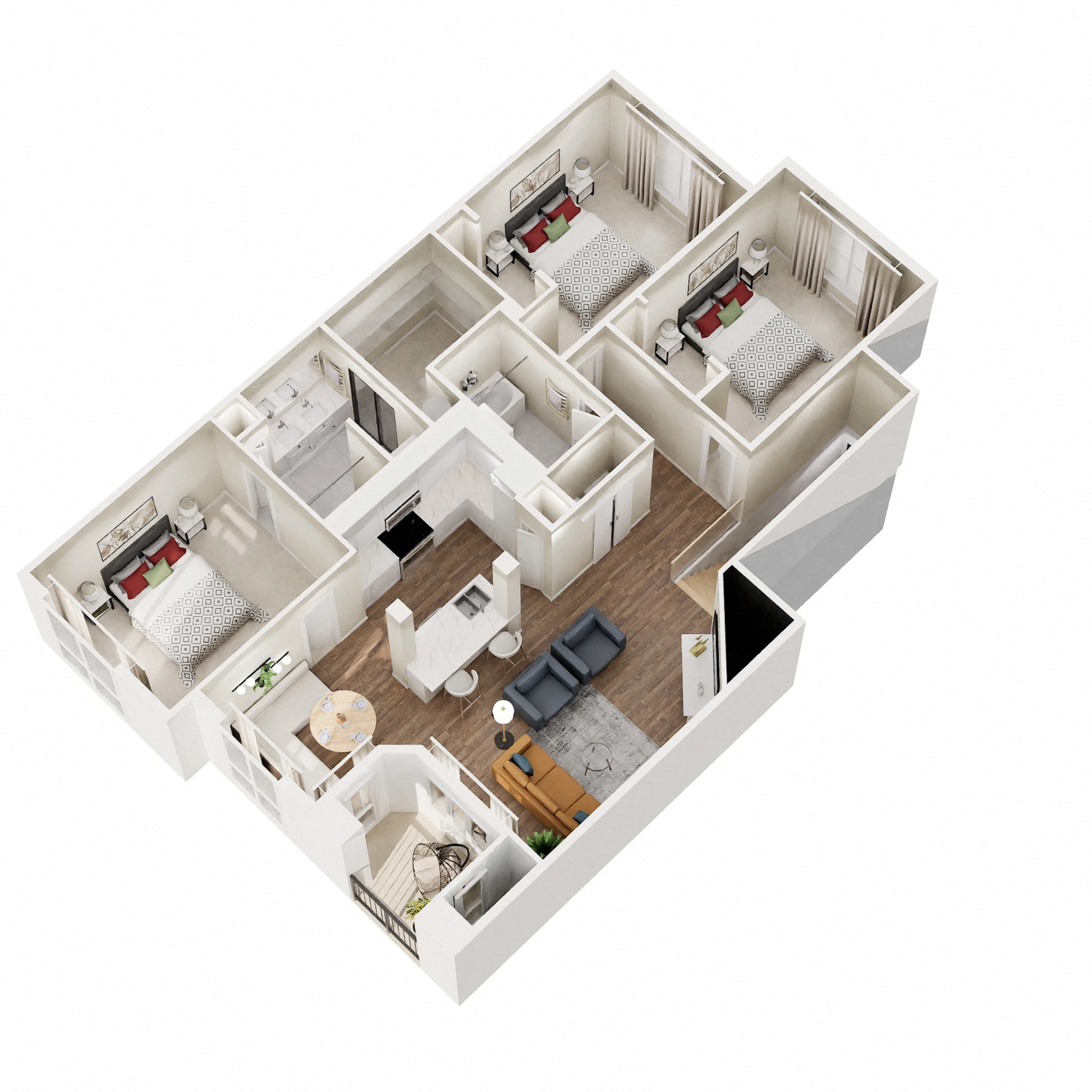 Floor plan for 3 beds, 2 baths, 1251 sqft