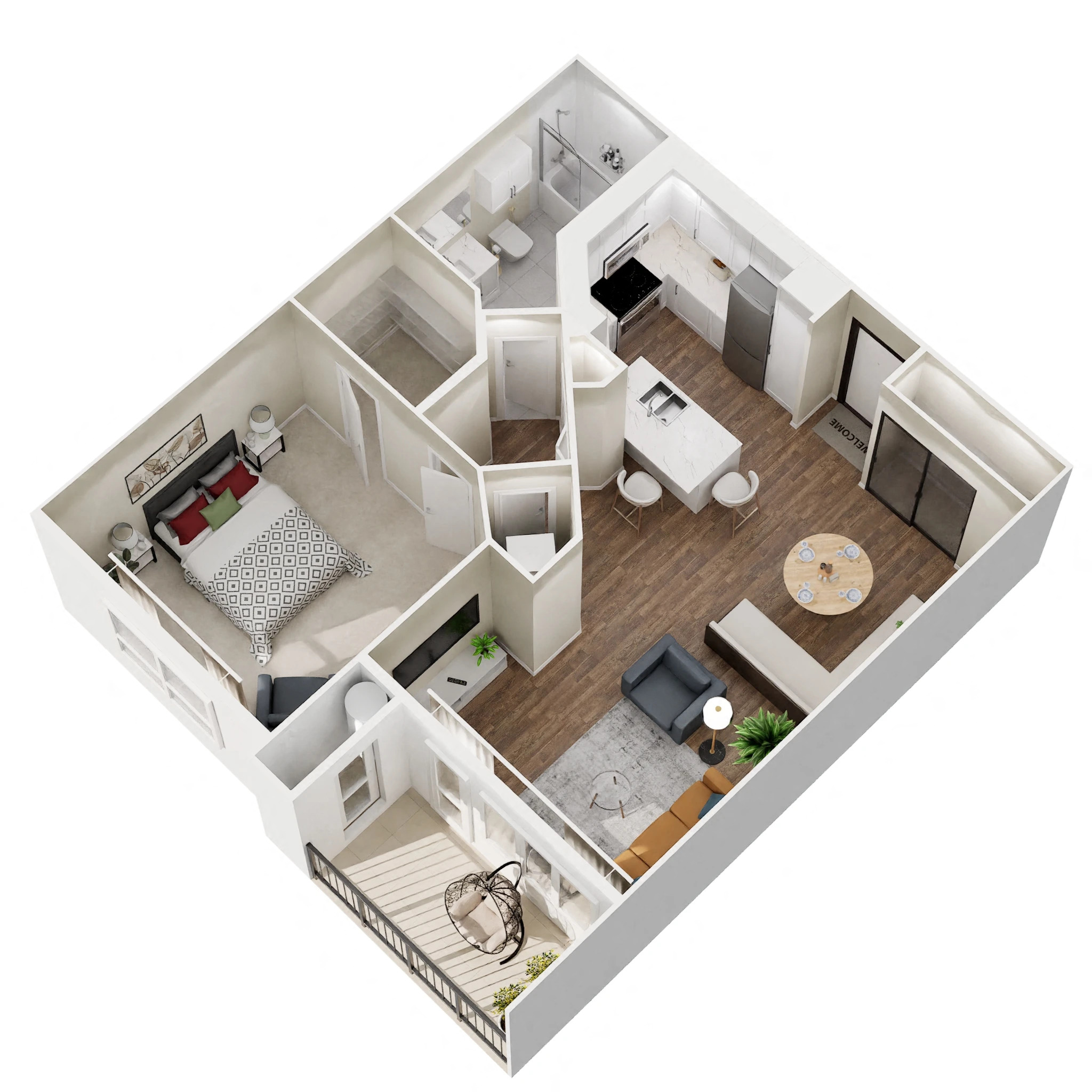 Floor plan for 1 bed, 1 bath, 742 sqft