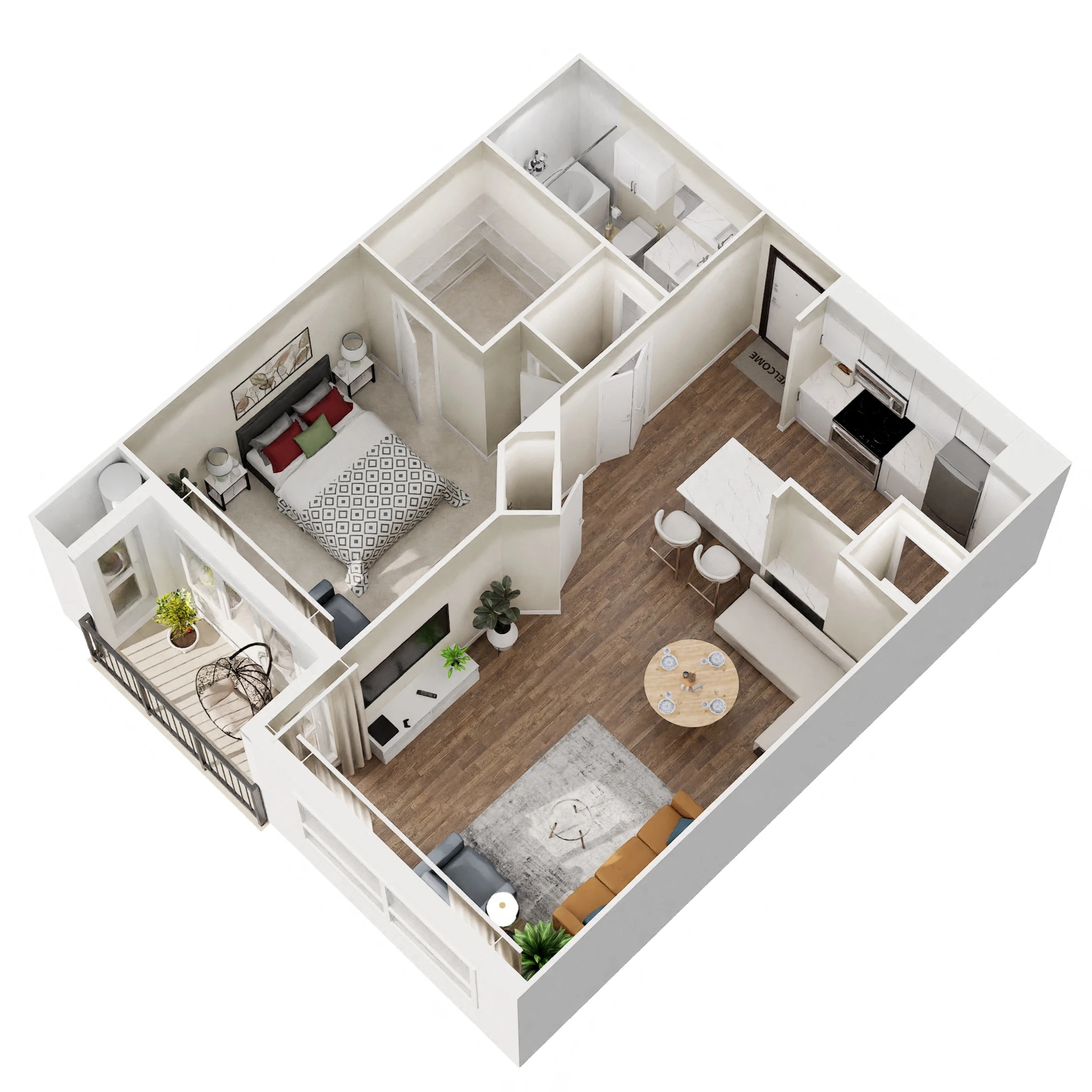 Floor plan for 1 bed, 1 bath, 742 sqft