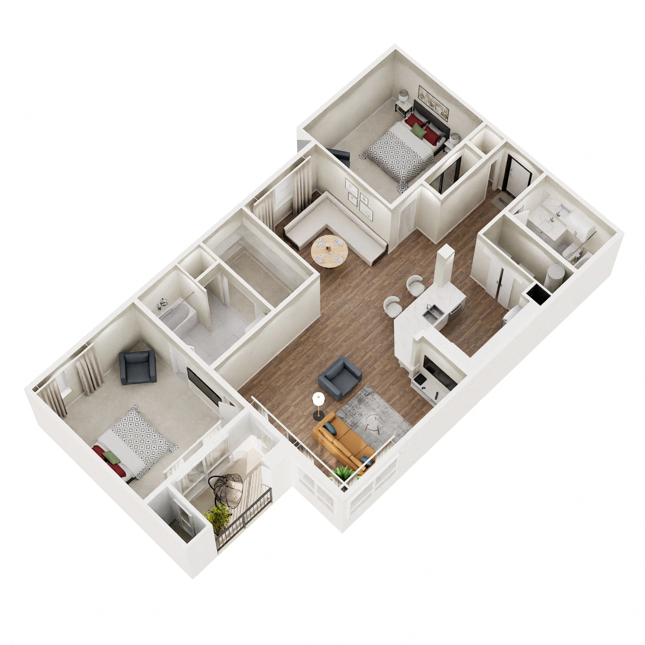Floor plan for 2 beds, 2 baths, 1100 sqft