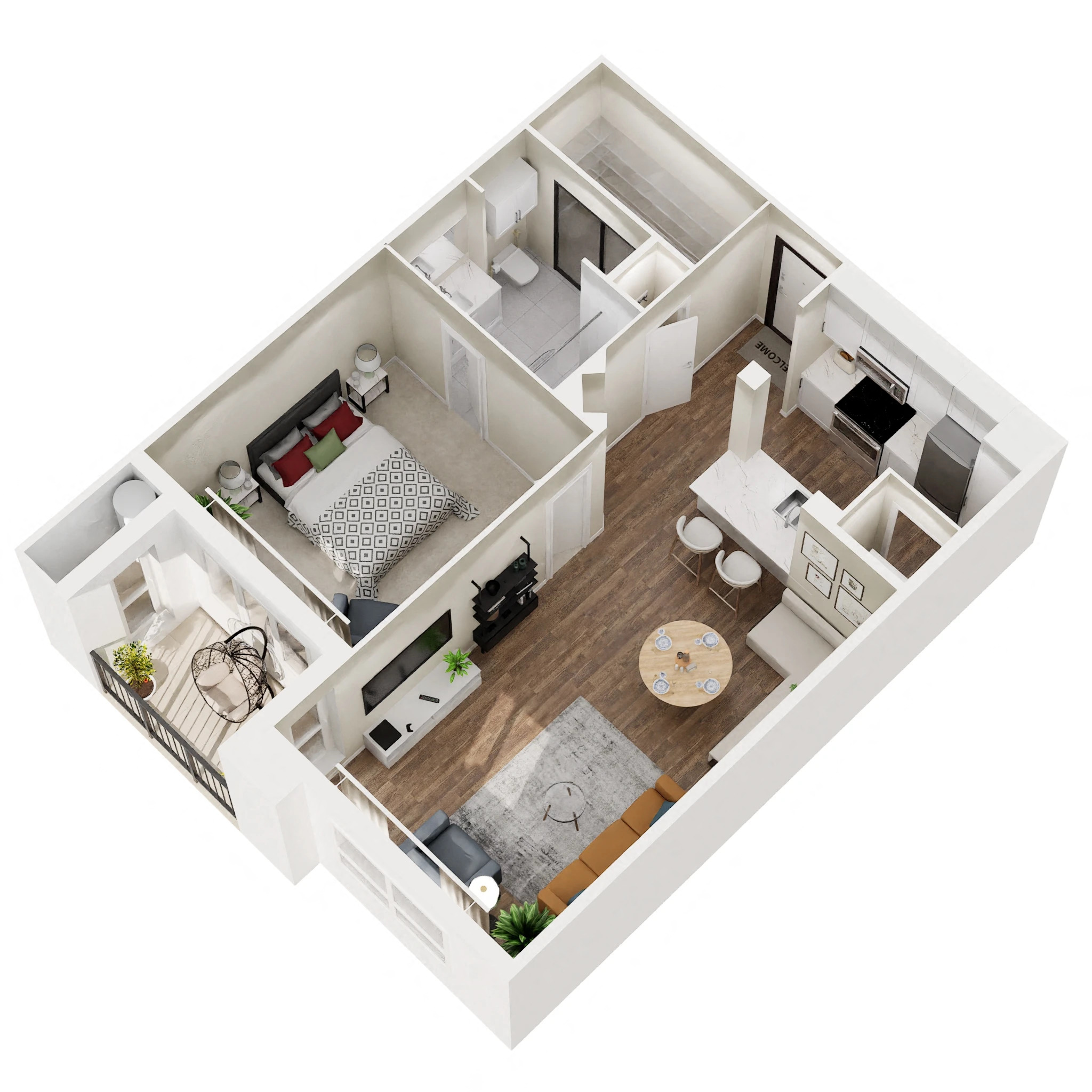 Floor plan for 1 bed, 1 bath, 663 sqft