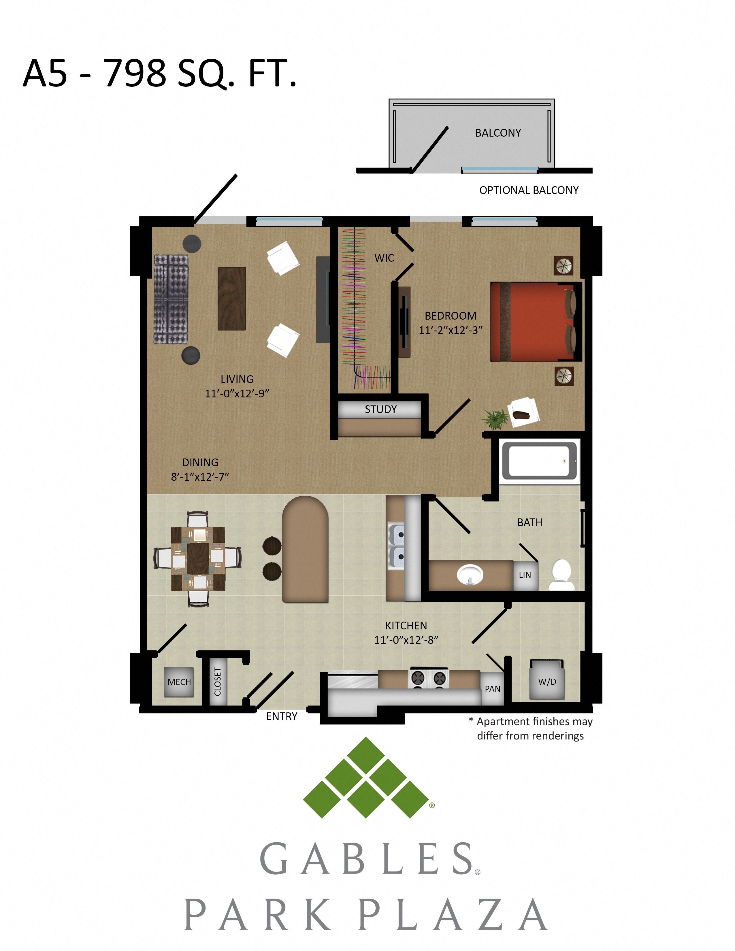 Floor plan for 1 bed, 1 bath, 798 sqft