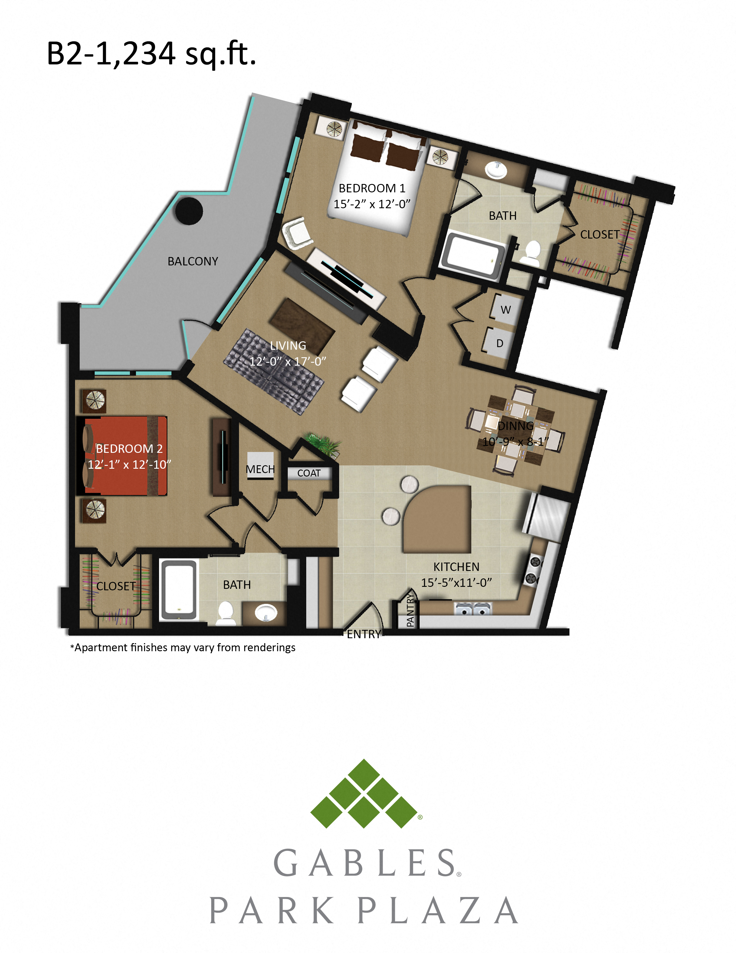Floor plan for 2 beds, 2 baths, 1234 sqft